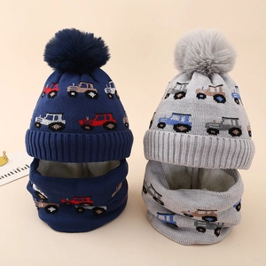 Detailed view of kids' winter knit hat and scarf set with soft thick fleece lining