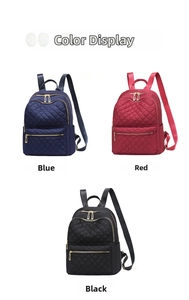 Quilted oxford fabric backpack detail in navy blue, red, and black with adjustable straps