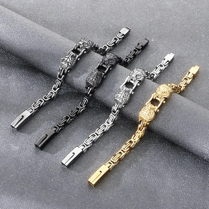 Men's lion head steel bracelets in gold, silver, black, and gunmetal bypass chain styles