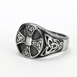Vintage Viking cross signet ring in silver stainless steel with Celtic knot engravings