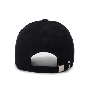 Rear view of black cotton baseball cap featuring adjustable silver metal buckle and strap