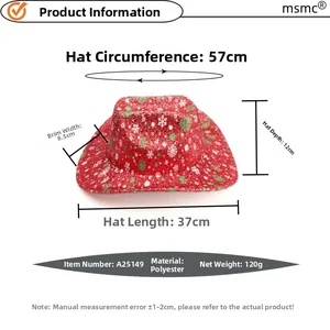Macro view of Christmas cowboy hat with white snowflake patterns and dimensions text
