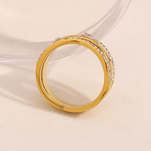 Minimalist 18K gold plated stainless steel ring with double rows of zircon stones