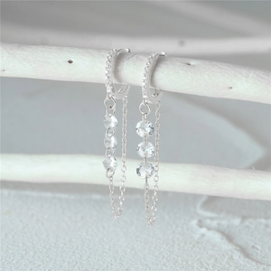 Detail of S925 silver fringe drop earrings with sparkling cubic zirconia on a wood branch