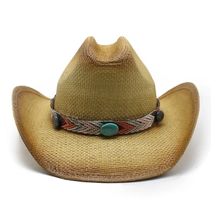 Brown wide brim cowboy straw hat with ethnic woven band and turquoise stone accent