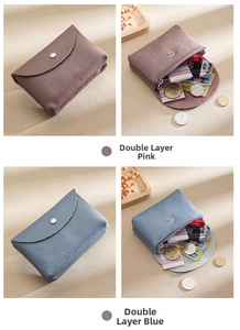 Detailed view of dual-layer genuine leather coin purses in pink and blue with snap closure