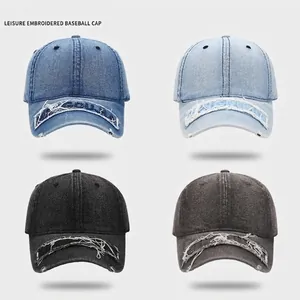 Cappello Da Baseball In Denim Lavato Design Strappato Ricamo Retro Streetwear Casual Cappello Da Sole Regolabile Unisex