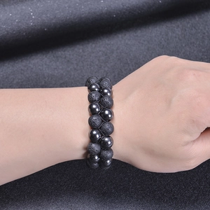 Men's 10mm double-layer woven bracelet featuring black lava and hematite beads
