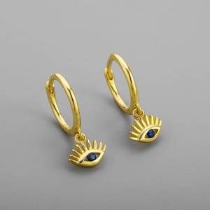 Détails de boucles d'oreilles créoles oeil porte-bonheur dorées avec pierre bleue centrale