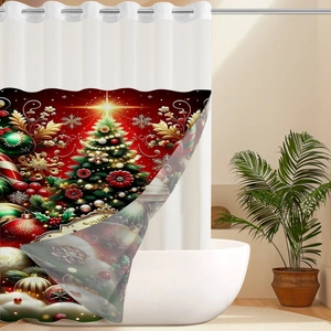 Detail of Christmas shower curtain featuring festive trees and snowflake patterns