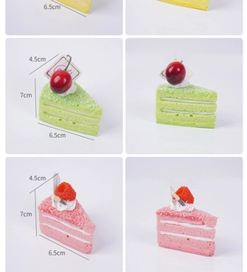 Detail showing artificial triangle mousse cake dimensions 6.5x7x4.5cm in various colors