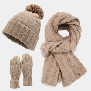 Winter Knitted Beanie Hat Long Scarf And Touchscreen Gloves Acrylic Cable Knit Pom Pom Warm Thick Winter Accessories