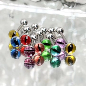 Colorful stainless steel tongue rings set with cat eye stone bead piercing jewelry