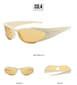 Detailed views of Y2K cat eye cycling sunglasses with cream frames and orange lenses