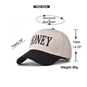 Detailed size chart for cotton baseball cap with HONEY embroidery and contrast brim