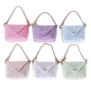 Set of six glitter mini crossbody bags with gold chain handles in assorted pastel colors