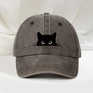 Casquette de baseball gris anthracite délavé avec graphique minimaliste de chat noir