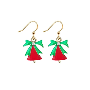 Close-up of red Christmas bell earrings with green bow and sparkling white crystal detail