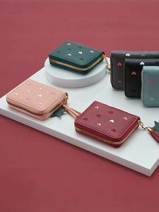 Short leather wallets for women with heart embroidery and tassel zipper in various colors