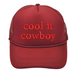 Pink and dark red Cool It Cowboy trucker hat with embroidered text and rope detail