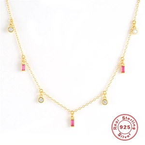 S925 sterling silver necklace with pink rectangular crystal and gold plated fine chain