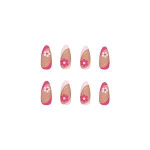 Matte almond press-on nails with pink floral designs and gold glitter accents
