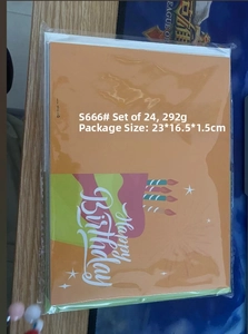Set of 24 orange Happy Birthday cards with cake designs, envelopes, and stickers