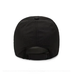 Detail view of black breathable mesh baseball cap back with adjustable velcro closure strap