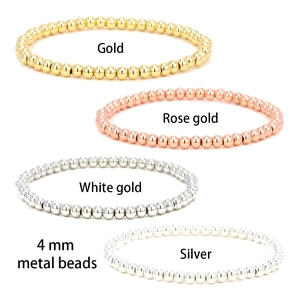 Elastic 4mm metal bead bracelets in gold, rose gold, white gold, and silver finishes