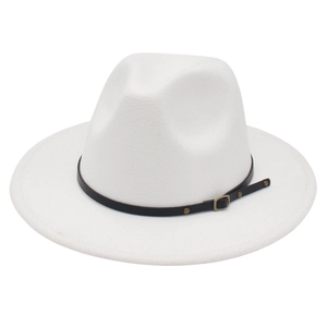 Close-up of white wool fedora hat featuring a black leather belt and gold metal buckle