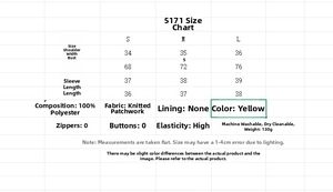 Detailed size chart for yellow printed puff sleeve top with measurements in centimeters