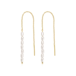 Detail view of long S925 silver tassel earrings with golden chains and elegant white pearls