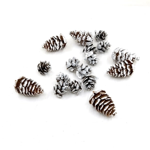Brown artificial pine cones with white snow spray effect for Christmas DIY crafts