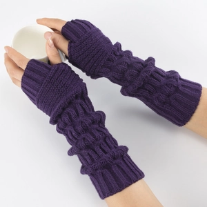 Winter deep purple cable knit fingerless gloves with extended warm ribbed cuffs
