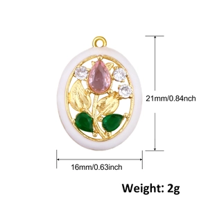 Exquisite gold-plated oval pendant with pink teardrop stone and white enamel frame