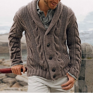 Men's casual brown chunky knit cardigan sweater with shawl collar and button front