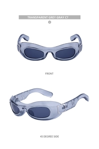 Detail view of transparent grey oval Y2K sunglasses with textured temple design