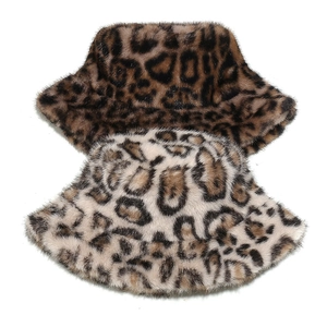 Plush leopard print faux fur bucket hats for women in brown and beige autumn winter warmth