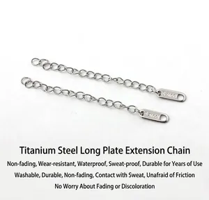 Detail view of silver stainless steel extension chains with S.steel engraved tags