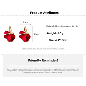 Detailed spec sheet showing red matte petal earrings with rhinestones and silver pins