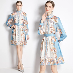 Vintage Floral Print Long Sleeve Midi Dress Elegant Stand Collar Button Down With Belt A-Line Satin Feel Women