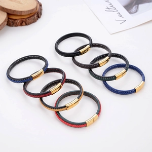 Braided leather bracelet set for men with magnetic gold clasp in assorted colors