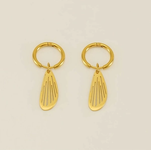 Detailed close-up of golden hollowed wing earrings with elegant drop pendants