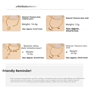 Detail view of four gold ocean-themed necklaces with starfish, shells, and faux pearls