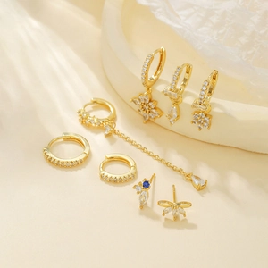 Elegant gold flower zircon drop earrings set with tassel charms for women