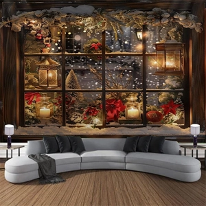 Detail of Christmas tapestry featuring a vintage window view with festive lights and snow