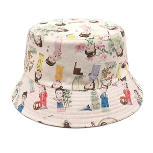 Close-up of canvas texture and traditional Chinese lady patterns on the sun hat
