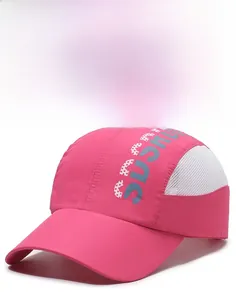Pink quick-dry sports cap detail featuring breathable side mesh and brand lettering
