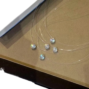 Dettaglio dei ciondoli solitari in zircone tondo su catene di filo invisibile da pesca