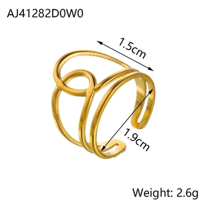 Detail view of 18k gold plated stainless steel hollow layered ring with size specifications